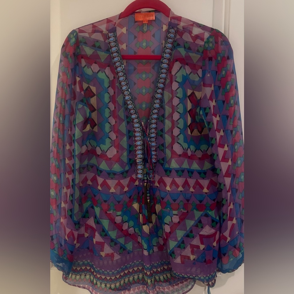 Hale Bob Cabana 100% silk Tunuc Top/coverup with turquoise lace up neck design.
